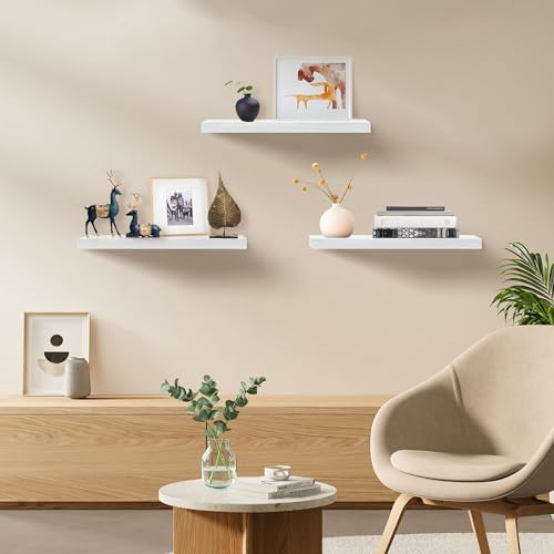 Upassion White Floating Shelves - Set of 3, 16" Wall Mounted Shelves for Home Decor, Living Room, Bedroom, Bathroom, Kitchen - color: White, size: 16 Inch