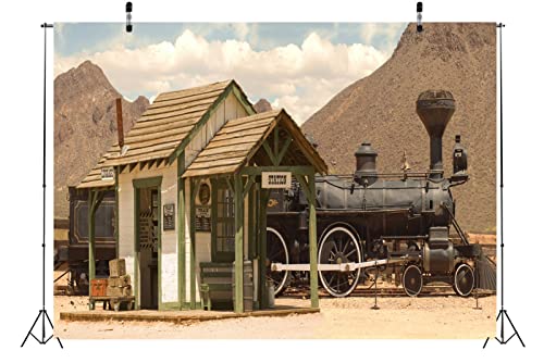 BELECO 15x10ft Fabric Old West Train Station Photography Backdrop Western Vintage Locomotive Antique Train Luggage Storage Background Wild West Cowboys Party Decor Portrait Photoshoot Studio Props - size: 15x10FT