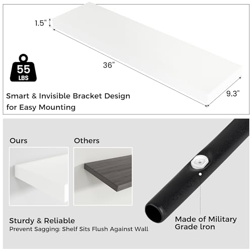 Venusmiles Floating Shelves for Wall, Engineered Wood Wall Shelves with Invisible Brackets for Living Room Bedroom Bathroom Office Kitchen Decor and Storage (White, 36" W x 9" D x 1.5" H) Set of 2 - color: Matte White, size: 36"W, Set of 2