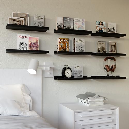 RICHER HOUSE 8 Set Floating Wall Mounted Shelves, Nursery Hanging Book Shelves with Lip for Storage, Black Display Picture Ledge Shelf for Bedroom Bathroom Kitchen Living Room Wall Decor, Modern White - color: Black, size: 8pcs*15.75in