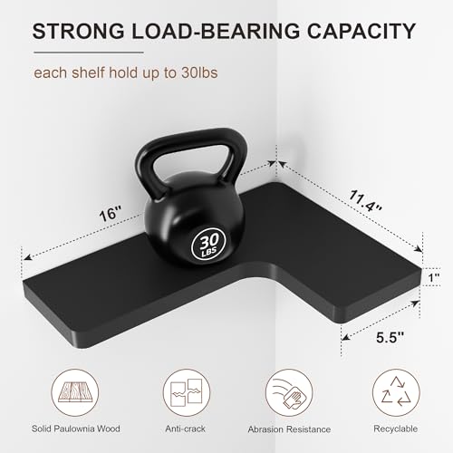fuqing Corner Floating Shelves for Storage, Set of 3, Solid Wood, Wall Mount Wooden Display Shelf for Bathroom Bedroom Kitchen Garage, Black - color: Invisible Bracket, Black