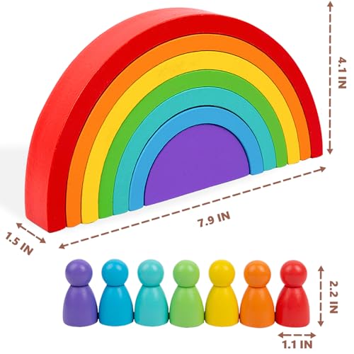 Wooden Rainbow Stacking Toy, Wood Peg Dolls Stacker Arch Game, Montessori Arch Bridge Rainbow Building Blocks, Colorful Stacking Blocks Puzzles for Kids 2 3 4 5 Years Old, Rainbow Decor Toys - color: Large-rainbow