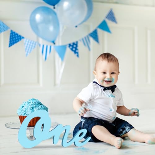 TONIFUL One Wooden Sign Cutout Letter for Boy 1st Birthday Party Decorations Table Centerpieces for First Birthday Light Blue Letter Wooden Photo Booth Props Party Decorations Supplies - style: One-Light Blue