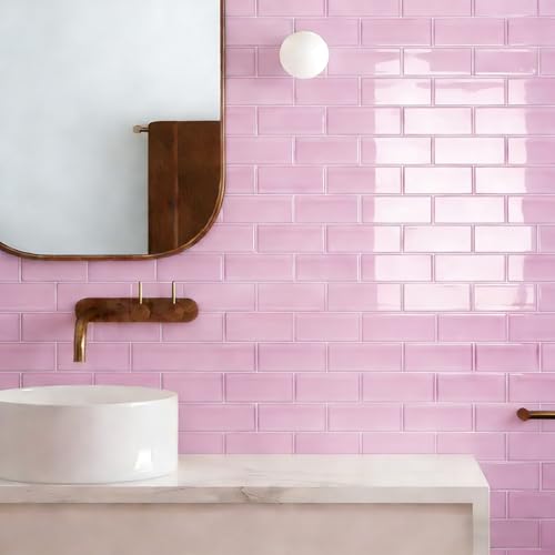 Art3d 10-Pack Heavy-Duty Peel and Stick Backsplash, 12 x 12 Inch Vinyl Seaglass Subway Design Stick on Wall Tile for Kitchen Living Room Home Decor, Pink - color: Pink