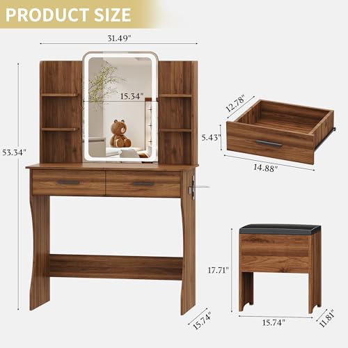 Vanity Desk with LED Lights Mirror & Power Outlet, Small Makeup Vanity Table Set with Storage Drawers & Chair, 3 Lighting Modes & Adjustable Brightness, Dressing Table for Women Girls Bedroom, Walnut - color: Walnut, size: 2 Drawers