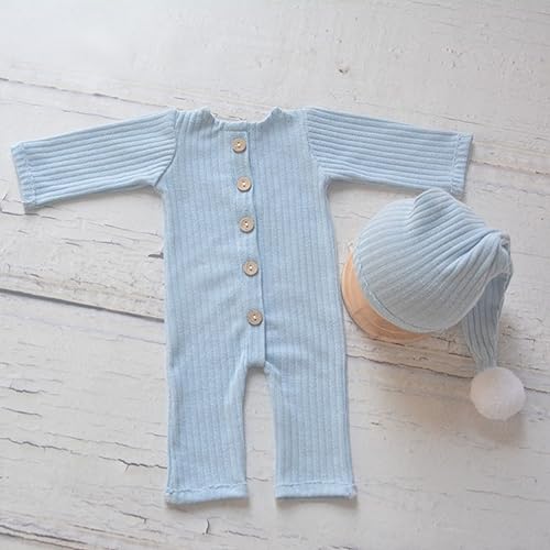 Newborn Baby Photo Shoot Props Girl Boy Crochet Knit Hat Costume Stripe Hat Pants Overalls Photography Props - color: Baby Blue