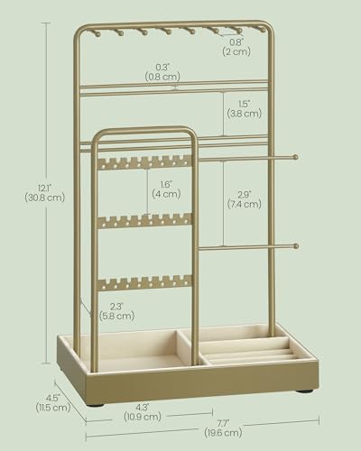 SONGMICS Necklace Holder, Jewelry Stand Holder Organizer, Jewelry Display with Metal Frame, Velvet Tray, Earring Bracelet Holder, for Gift Idea, 4.5 x 7.7 x 12.1 inch, Laurel Green UJJS021C02 - color: Laurel Green, size: 4.5"D x 7.7"W x 12.1"H