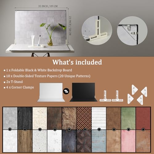Photo Backdrop Boards, 10Pcs 20 Patterns Double-Sided Product Photography Backdrops, 23x35 XL Flat Lay Background for Food, Jewelry, Cosmetics & Content Creation, Tabletop Shooting Kit, MDAOCRY
