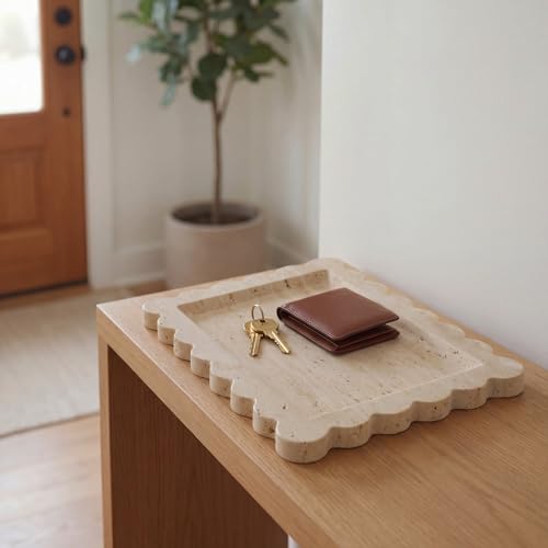 Luxury Beige Travertine Tray with Scalloped Edge, 11"x8" Rectangle Vanity Tray for Bathroom & Kitchen Counter, Decorative Organizer Tray for Dresser, Coffee Table, Home Décor - color: Beige