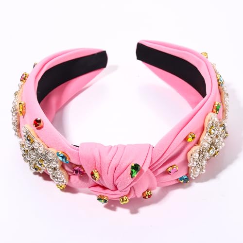 NVENF Easter Headband for Women Beaded Easter Rabbit Bunny Headbands White Pink Crystal Pearl Knotted Hairband Happy Spring Holiday Headwear Outfits Gifts (Rabbit B - Pink) - color: Rabbit B - Pink