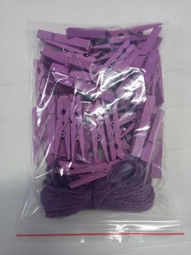1.9" Small Wooden Clothes Pins Baby Shower Light Purple Mini Clips Photo Holder Hanging Crafts Clothespin Pack 50 with Clothesline - color: 50pcs (2 Inch) Light Purple + Jute Twine