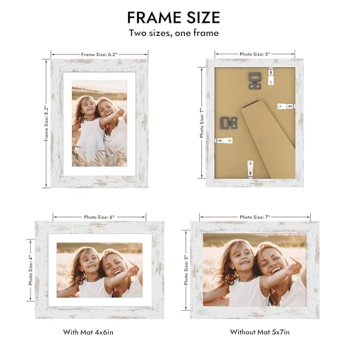 Hongkee 5x7 Picture Frame with Glass, Display Pictures 4x6 with Mat or 5 x 7 without Mat - Wall and Tabletop, 5 by 7 Photo Wooden Frames (Distressed White, 1 Pack) - color: Distressed White, size: 5X7 in