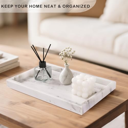 Bathroom Tray for Countertop, Marble Perfume Tray for Dresser Organizer, Marble Tray for Bathroom Counter & Home Decor, Natural Decorative Stone Vanity Trays, 12" x 8", Starry White - color: Starry White