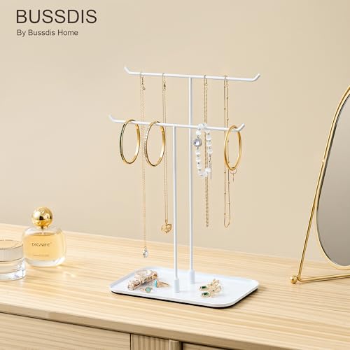 bussdis White Jewelry Organizer Necklace Holder Stand: 2-Tier T-Bar Display with White Metal Tray, Holds Necklaces Bracelets Earrings, Countertop Jewelry Tree - color: White, size: 12.5" Height