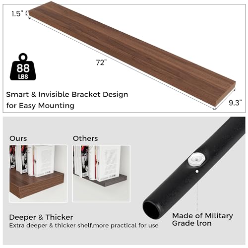 Venusmiles Floating Shelves for Wall, Engineered Wood Wall Shelves with Invisible Brackets for Living Room Bedroom Bathroom Office Kitchen Decor and Storage (Walnut, 72" W x 9" D x 1.5" H) Set of 1 - color: Walnut, size: 72"W, Set of 1