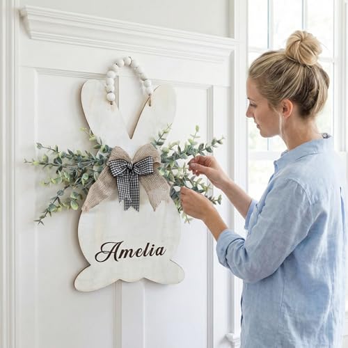 Personalized Easter Bunny Front Door Hanger with Bow Custom Wooden Easter Welcome Sign Rustic Farmhouse Wreath Spring Door Decoration for Front Porch Wall Window Garden Indoor Outdoor Decor - color: Color1