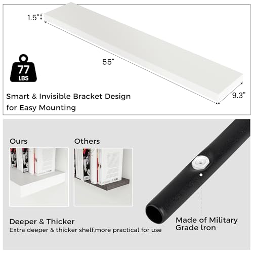 Venusmiles Floating Shelves for Wall, Engineered Wood Wall Shelves with Invisible Brackets for Living Room Bedroom Bathroom Office Kitchen Decor and Storage (White, 55" W x 9" D x 1.5" H) Set of 1 - color: Matte White, size: 55"W, Set of 1