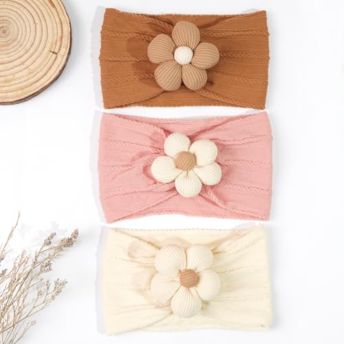 CÉLLOT Baby Flower Headbands Baby Girls Nylon Headbands Baby Essentials Stretchy Hairbands Handmade Hair Accessories for Newborn Infant Toddlers Kids (Pink,Brown,Beige) - color: Pink+Brown+Beige
