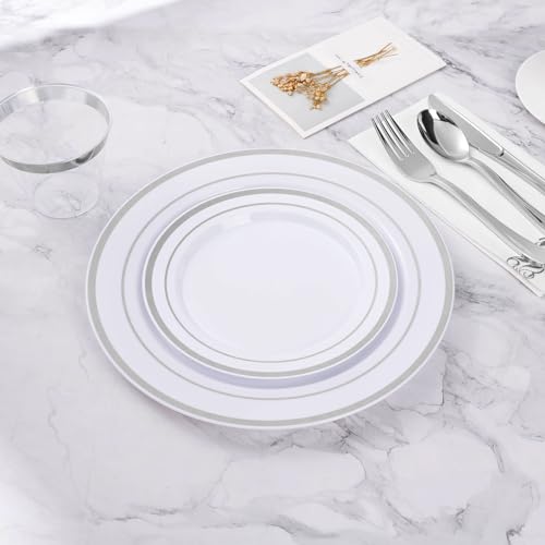 BESTVIP 50PCS Silver Plastic Plates, 10.25 Inch Disposable Dinner Plate Party with Silver Rim, Heavy Duty Disposable Plastic Plates for Christmas, Thanksgiving, Party, Wedding and Birthday - color: Silver, size: 50PC