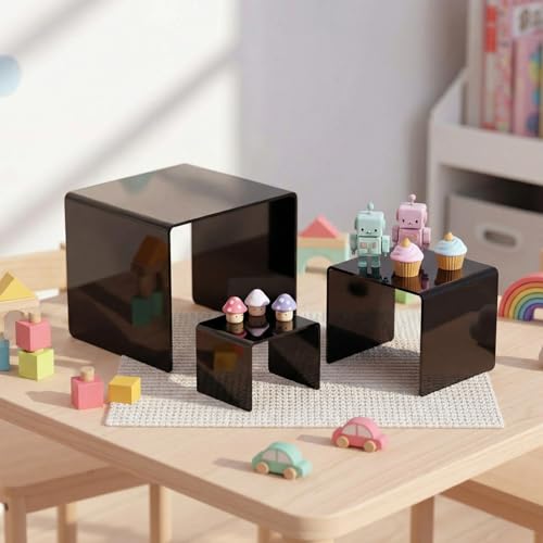 Chuangdi 2 Sets Acrylic Display Risers, Product Stand, Jewelry Display Riser Shelf Showcase Fixtures for Dessert Cupcake Candy Figure Treat Action Showcase(Black,Medium Set) - color: Black, size: Medium Set