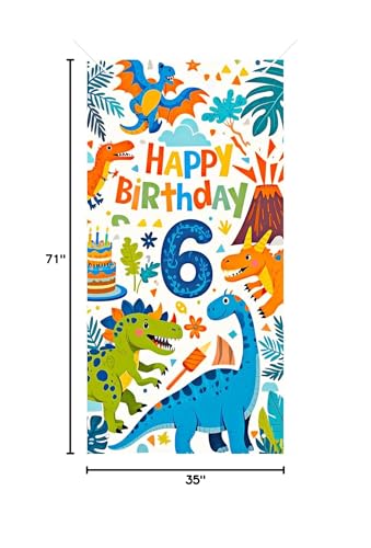 HOMETITUTE 6th Birthday Door Cover 71x35 Inch Dinosaur Theme Birthday Banner for Kids Party Decorations Volcano Jungle Backdrop Sign for Boys Girls Cake Table Props - color: Colorful Dinosaur 6