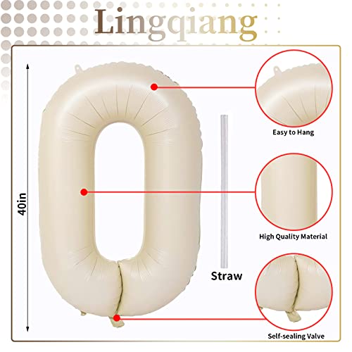 40 In Cream Large Numbers Balloons 0-9, Self Inflating White Sand Foil Number 0 Helium Balloons for Boys Girls, Big Beige Digit 0 Balloons for Women Men Birthday Party Anniversary Supplies Decorations - color: Cream, size: Number 0