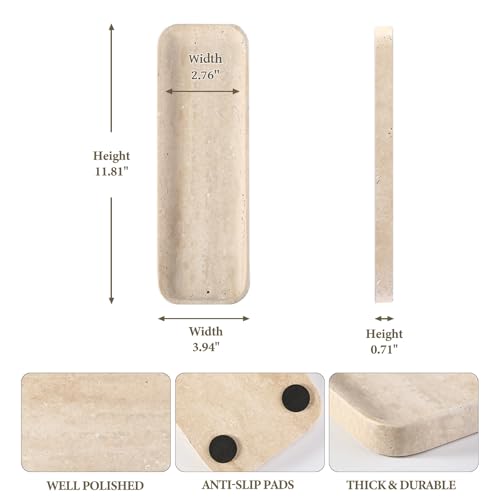 Koville Marble Tray, 12"x4" Marble Vanity Tray for Bathroom Kitchen Countertop Sink, Natural Stone Tray for Home Decor, Decorative Rectangular Narrow Catchall Tray for Jewelry Perfume - color: 12"x4"-travertine