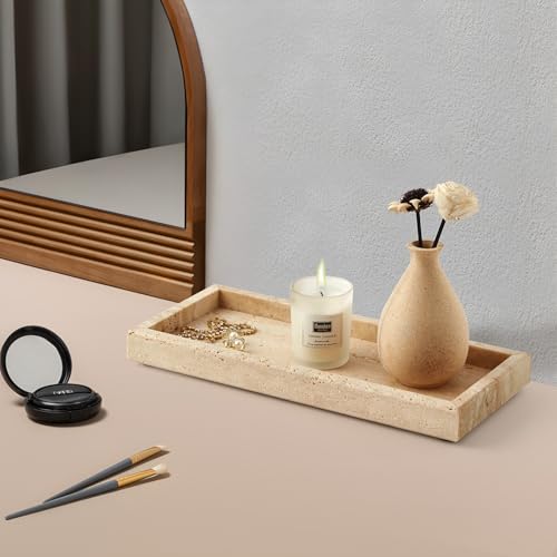 Real Natural Travertine Tray for Bathroom, Vanity, Kitchen and Desktop, Rectangle Genuine Marble Stone Tray for Jewelry, Cosmetics, Candles, Lotion, Perfume and Home Decor, 12"x5" Size - color: Travertine, size: 12" x 5" x 1.2"