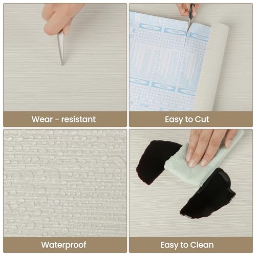 TANONE Beige Grasscloth Peel and Stick Textured Wallpaper 17.7'' x 118'', Self-Adhesive Linen Vinyl Wallpaper, Waterproof and Removable Neutral Contact Paper for Furniture and Wall Covering - color: Beige Grey Sliver, size: 15.8" x 118"