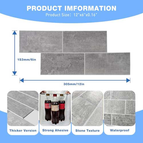 COLAMO 6"x12" Swatch Medium Cement Gray Peel and Stick Large Subway Tile,Stick On Faux Stone Mosaic Tile for Bathroom,Vanity,Kitchen Backsplash,Accent Wall,Self Stick Adhesive Brick Tiles for Wall - color: Medium Gray, size: Sample(6"x12")