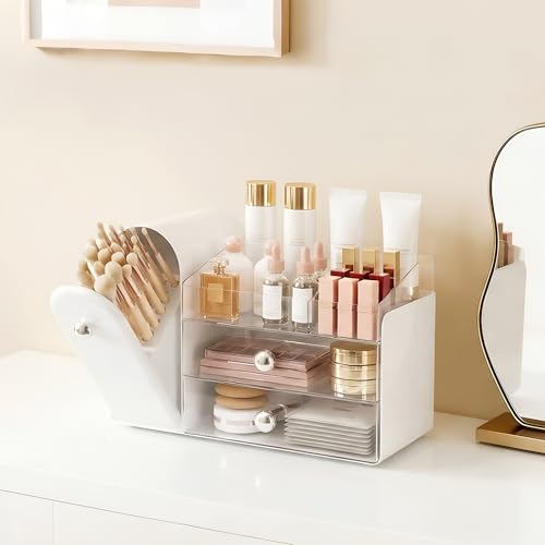 lurcns Makeup Organizer with Dustproof Brush Holder for Vanity, Large Cosmetics Organizer and Bathroom Countertop Skincare Storage with 2 Clear Drawers for Lipstick, Perfume, Eyeshadow Palettes,White - color: White