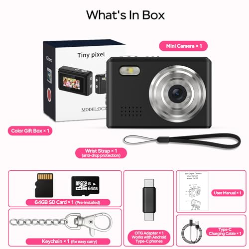 Mini Camera 1080P HD Video Recorder – Keychain Digital Camcorder with 64GB Card, 0.96" HD Display, Long Battery Life, Ultra-Portable Tiny Camera for Travel/Vlog/Night Shots, Ideal Gift, Black - color: DC23-Black