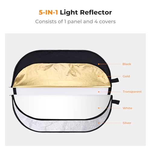 K&F CONCEPT 40" x60”(100x150cm) 5-in-1 Oval Foldable Reflector with Carrying Bag, Gold, Silver, Black, White Reflective Fabric and Translucent Soft Fabric for Studio Lighting - size: 100x150cm