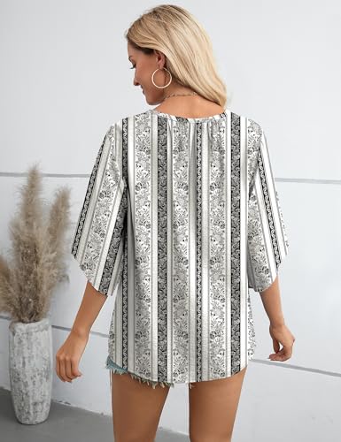 LOMON Women's 3/4 Length Sleeve Boho Tops V Neck Casual Vacation Clothes Loose Fit Tunic Shirts S-3XL - color: Multi Black, size: Large