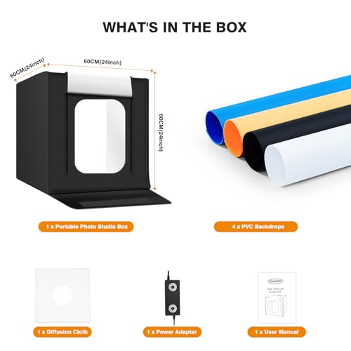 Light Box Photography 24"x24" with 240LED Lights and 4 Color Backdrops Photo Box with Lights, Foldable Light Box with Adjustable Brightness, 3000-6500K Dimmable Portable Picture Box Shooting - size: 24" with 3000-6500K
