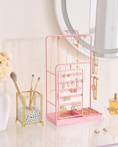 ProCase Jewelry Stand Holder Organizer, Jewelry Display Storage with Ring Tray, Rotating Earring Bracelet Necklace Holder, Valentine's Gifts Room Dorm Decor for Teen Girls -Pink (No-Assembly) - color: Pink