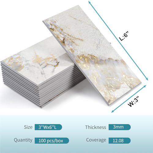 Vamos Tile 100-Piece Peel and Stick Backsplash Seamless Tile,3''x6'' Glossy Pandora Marble with Gold Veining PVC Subway Tile,Stick on Backsplash for Kitchen/Bathroom/Laundry Room - color: Pandora Marble with Gold Veining