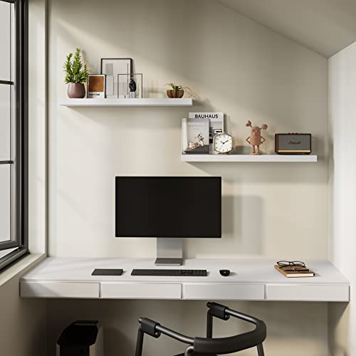 BAMEOS Floating Shelves, 35 in W x 7in D White Wall Mounted Wooden Shelves with Invisible Brackets Set of 2, Hanging Wall Shelves Decoration for Bedroom and Kitchen - color: White, size: 35x7 2Pcs