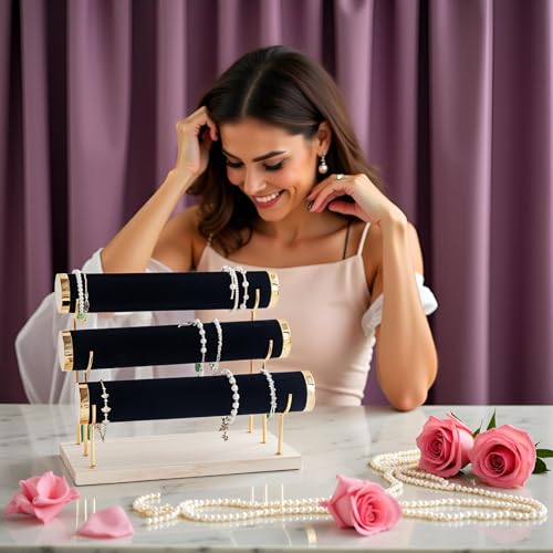 3 Tier Bracelet Holder Display Detachable Beige Velvet Bracelet Holder Jewelry Holder Organizer for Bracelet Necklace Watches Rings - color: Y-type Velvet Black