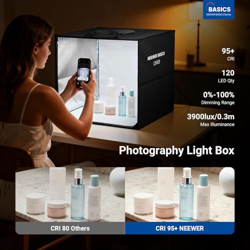 NEEWER Basics Photo Studio Light Box, 16"x16"x15" Bi Color Folding Photo Booth Shooting Tent with 6 Color Backdrops, 120 LEDs CRI95+ Dimmable for Tabletop Jewelry Electronics Food Photography, LB40B - size: 16"x16"x15"