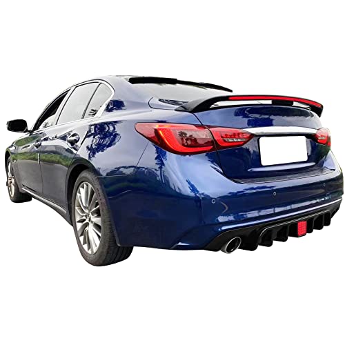 FREEMOTOR802 Rear Diffuser with LED Brake Light, Fits 2018-2024 Infiniti Q50, Gloss Black PP Rear Bumper Molding Lower Lip Splitter Spoiler Valance Panel Add-on Exterior Styling Trim Kit