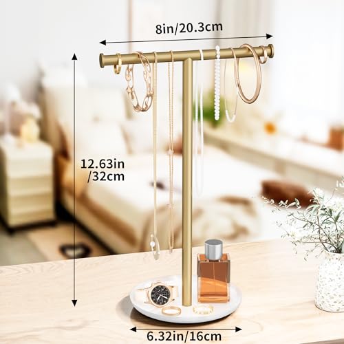 Gold Necklace Organizer Stand with Storage Tray - 12.6" Tall T-Shaped Jewelry Holder Stand for Bracelets, Earrings, Rings | Stylish Home & Vanity Décor for Women. - color: Gold
