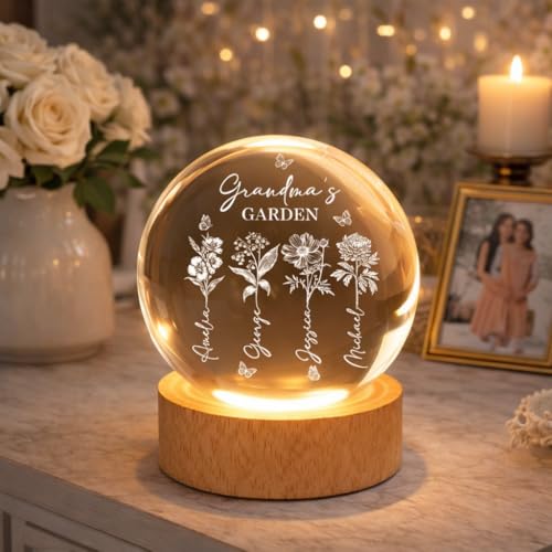 Noni Personalized Grandma's Garden Crystal Ball LED Night Light, Custom Birth Month Flowers, Heartfelt Gift for Grandma, Mom, Mother's Day Style 03 - color: Style 03