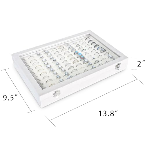 Frebeauty Ring Organizer Tray 100 Slots Ring Holder with Clear Lid Velvet Storage Box Jewelry Tray for Jewelry Store Earring Display Case for Jewelry Show Studs Box for Women(White) - color: White