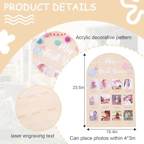 Mermaid Monthly Wooden Photo Board - Under The Sea 1st Birthday Party Decoration, Ocean Themed Milestone Board, 12-Month Photo Frame, Underwater World 1-12 Month Milestone Photo Board