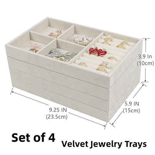 Set of 4 Stackable Jewelry Trays Organizer, Velvet Earring Organizer, Jewelry Organizer Showcase Display Drawer Organizer Storage, Earring Holder Necklace Bracelet Ring Accessary Organizers (Beige) - color: Beige