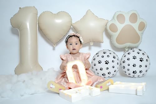 1st Birthday Dog Paw Balloons Set,18'' Paw Prints, Heart,Star,Paw Shaped Foil Balloon 40 Inch Cream Number 1 Helium balloons for Puppy Themed Baby Shower First Birthday Party Decorations Supplies 6PCS - color: Cream-1