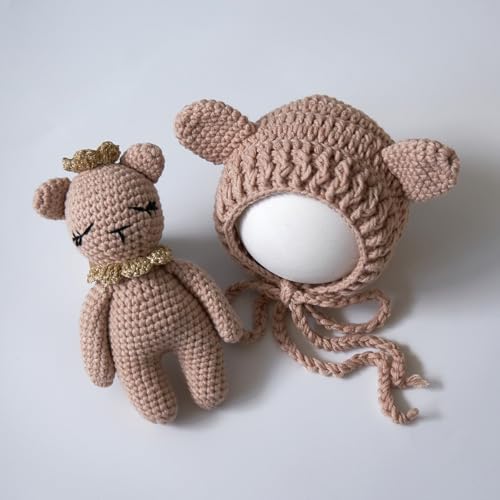 Zeroest Newborn Photography Outfits Boy Girl Bear Props Baby Photoshoot Crochet Bonnet Stuffed Animals for Newborn Photo - color: Light Camel