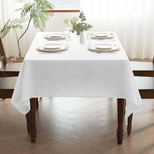 MikiUp Faux Linen Tablecloth - Slubby Textured Weaves Table Cloth for Rectangle Tables, Wrinkle Free Washable Fabric Table Cover for Dining, Farmhouse, White 60 x 84 Inch - color: L-white, size: 84" x 60" (Rectangular)