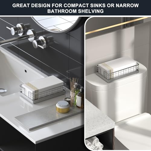 Wican Guest Towel Holder Tray for Bathroom, Oak and Iron Napkins Holder for Powder Room Dinning Table Wooden Basket for Disposable Paper Hand Towels Totally Silver - color: Totally Silver, size: 9.06 x 5.51 x 2.56 inchs
